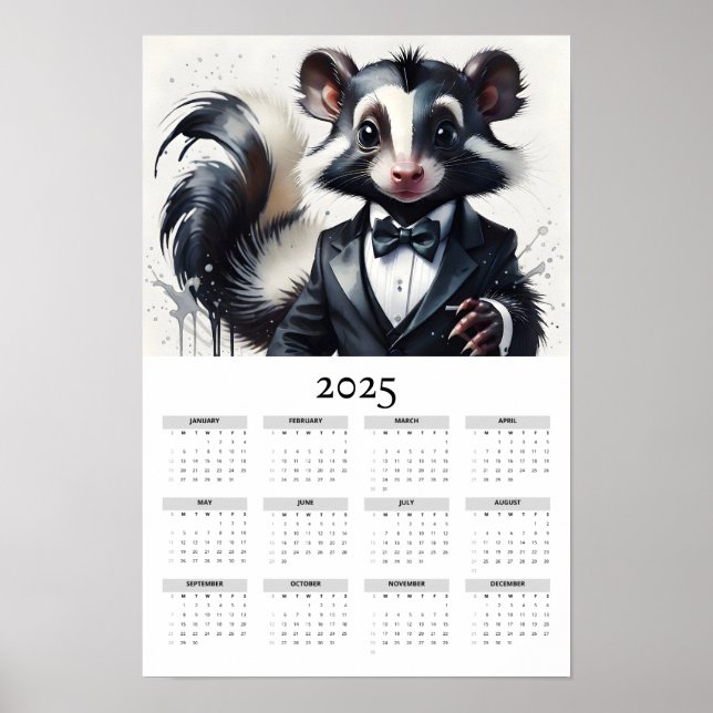 Poster Calendário de Parede Tuxedo 2025 Vestindo Skunk de (Frente)
