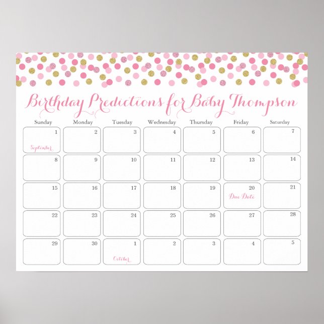 Poster Calendário de Previsão de Aniversário Chá de Bebê  (Frente)