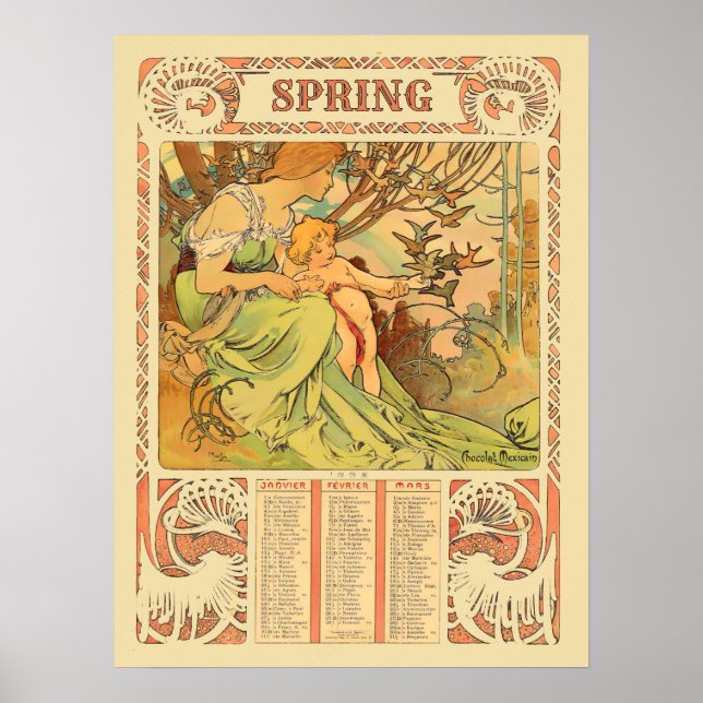 Poster Calendário de Primavera Art Nouveau da Era Vitoria (Frente)