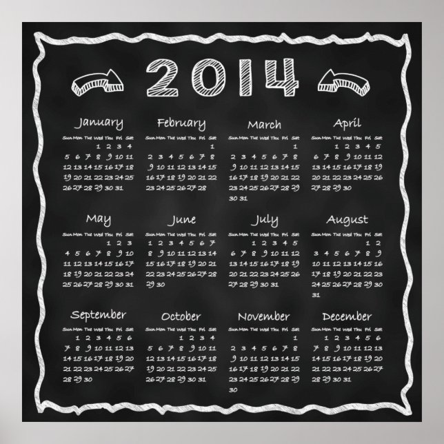 Poster Calendário de Quadro Negro do Ano 2014 (Frente)