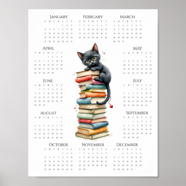 Poster Calendário de uma página de 2026 com Gato Preto e  (Frente)