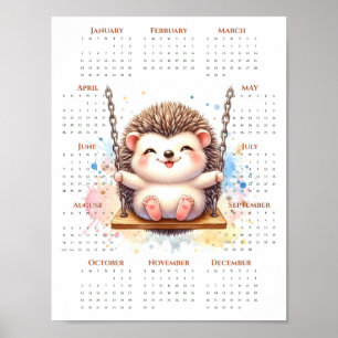 Poster Calendário de uma página de 2026ouriço fofo no bal