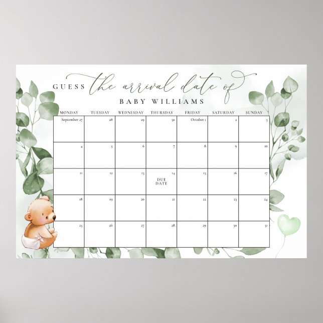 Poster Calendário de Urso para Adivinhar a Data de Nascim (Frente)