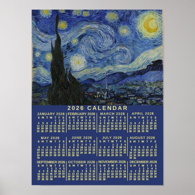 Poster Calendário do Ano de 2026 Noite Estrelada ou Adici (Frente)