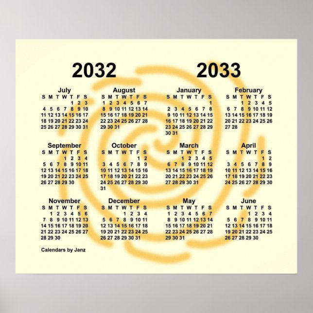 Poster Calendário do Ano Letivo 2032-2033 Dias Ensolarado (Frente)