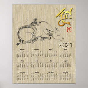 Poster Calendário do Ano Novo do Boi Chinês Búfalo de Águ