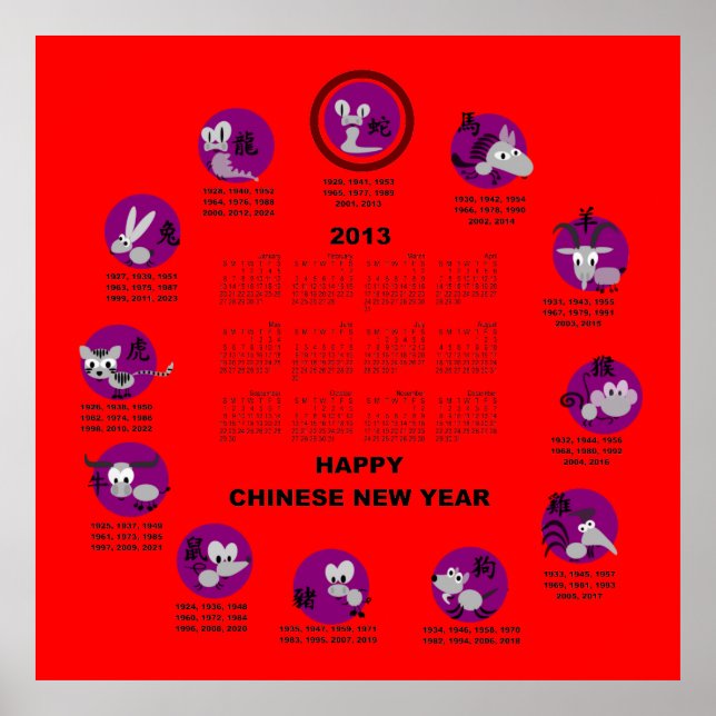 Poster Calendário Do Feliz ano novo Zodiac Chinês 2013 Rd (Frente)