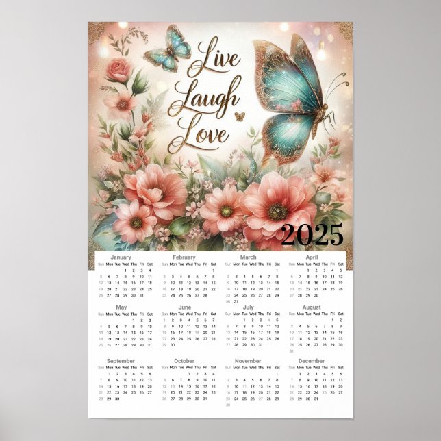 Poster Calendário do Live Laugh Love Flowers and Butterfl (Frente)