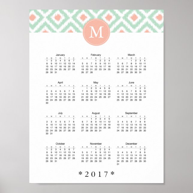 Pôster Calendário do Padrão Ikat da Casa da Moeda e Coral (Frente)