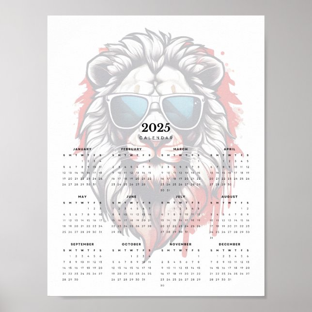 Poster Calendário do Patriótico Lion Vermelho Branco e Az (Frente)