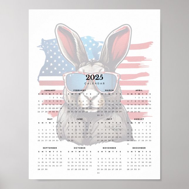 Poster Calendário do Patriótico Rabbit Vermelho Branco e  (Frente)