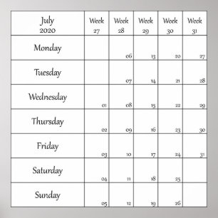 Poster calendário do planejador de julho de 2020 com núme