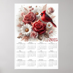 Poster Calendário do Rosa vermelha, Daisies e Cardeal 202