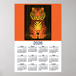 Poster Calendário do Tigre Dramático Laranja  Preto Tigre
