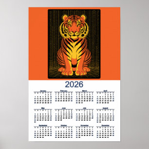 Poster Calendário do Tigre Dramático Laranja Preto Tigre 