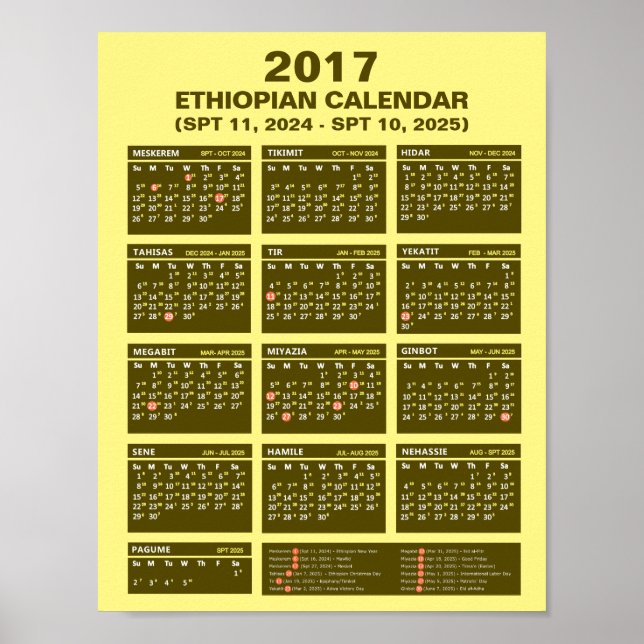 Poster Calendário Etíope 2017 para o ano 2024 e 2025  (Frente)