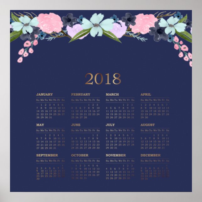 Poster Calendário Floral Aquarela Moderna 2018 (Frente)