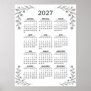 Poster Calendário Floral Botânico de Flores Silvestres Mí