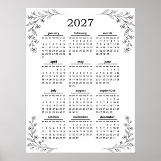 Poster Calendário Floral Botânico de Flores Silvestres Mí