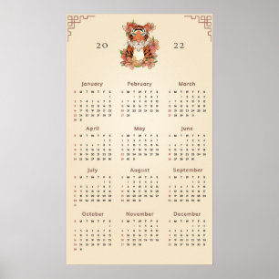 Poster Calendário Floral do Tigre Ano Novo Chinês 2022 Ar