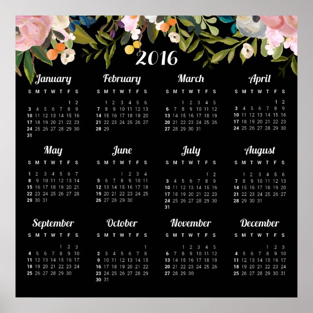 Pôster Calendário Floral Moderno 2016 (Frente)