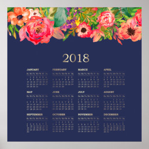 Pôster Calendário Floral Moderno de 2018