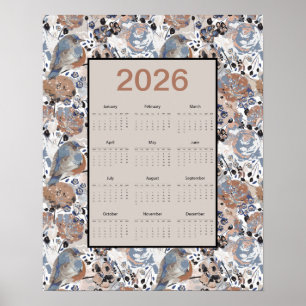 Poster Calendário Floral Pássaro Azul Ano Completo 2026
