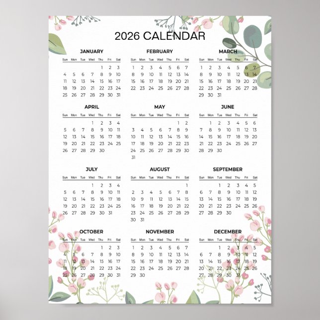 Poster Calendário Floral Simples e Elegante de 2026 |  (Frente)