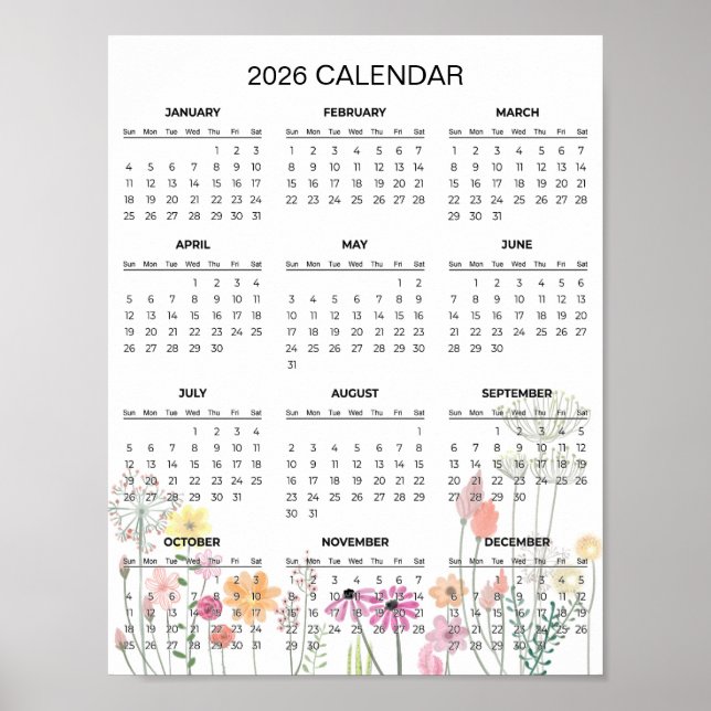 Poster Calendário Floral Simples e Elegante para 2026 |  (Frente)