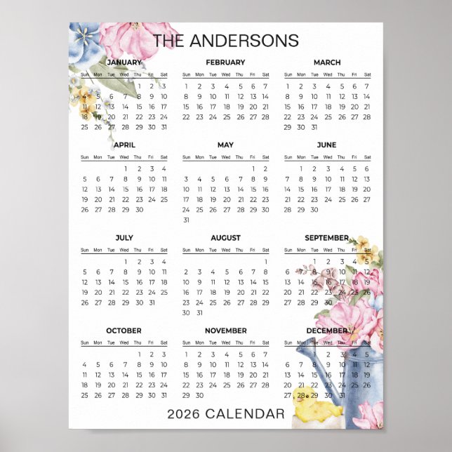 Poster Calendário Floral Simples, porém Elegante de 2026  (Frente)