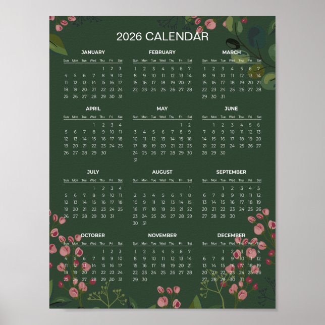 Poster Calendário Floral Simples, porém Elegante de 2026  (Frente)