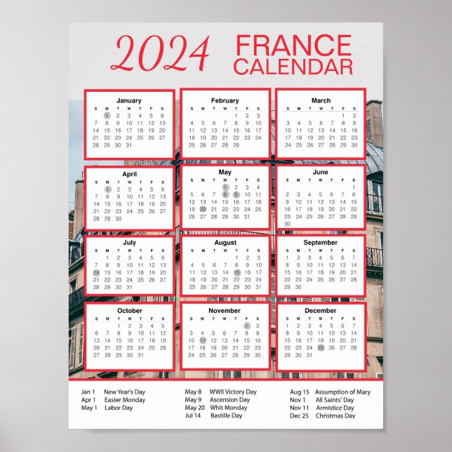 Poster Calendário francês 2024 em inglês Download Pdf $3, (Frente)