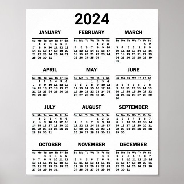 Poster Calendário geral de 2024 anos preto e branco simpl (Frente)