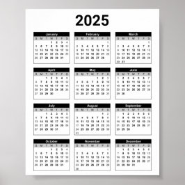 Poster Calendário geral de 2025 em preto e branco