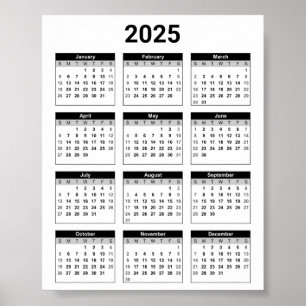 Poster Calendário geral de 2025 em preto e branco