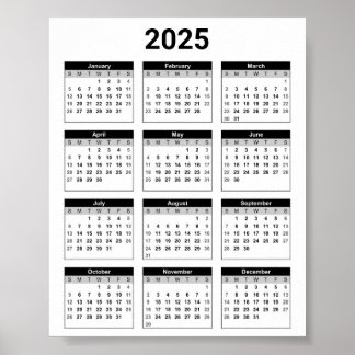 Poster Calendário geral de 2025 em preto e branco