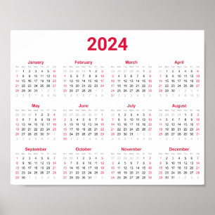 Poster Calendário geral do Simple Red & White 2024