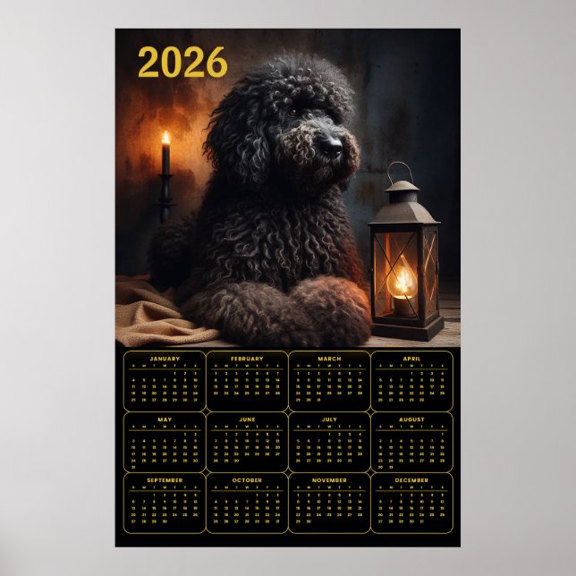 Poster Calendário Goldendoodle 2026 com Lanterna e Vela (Frente)