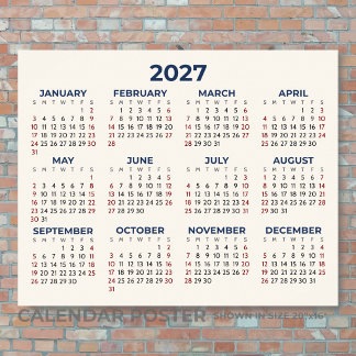 Poster Calendário Horizontal do Ano Completo 2027 Suas Co