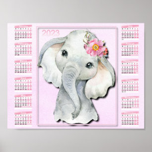 Poster Calendário Infantil 2023, Elefante Aquarela, Flore