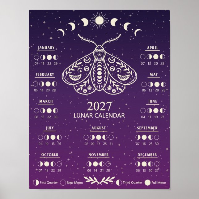 Poster Calendário Lunar Celestial da Mariposa da Feitiçar (Frente)