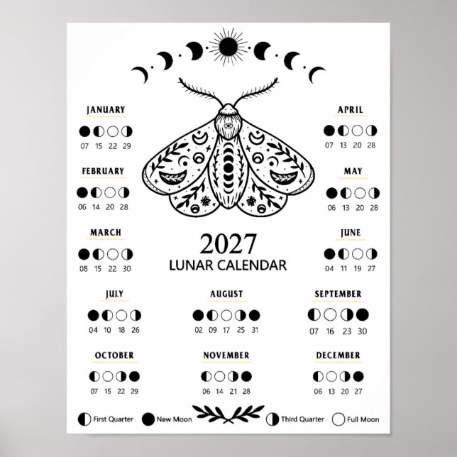 Poster Calendário Lunar Celestial da Mariposa de Feitiçar (Frente)
