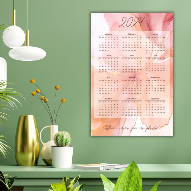 Pôster Calendário Mensal de 2024 Anos Peach Floral Na mod (The quote can be personalized to your favorite saying or word of the year.)