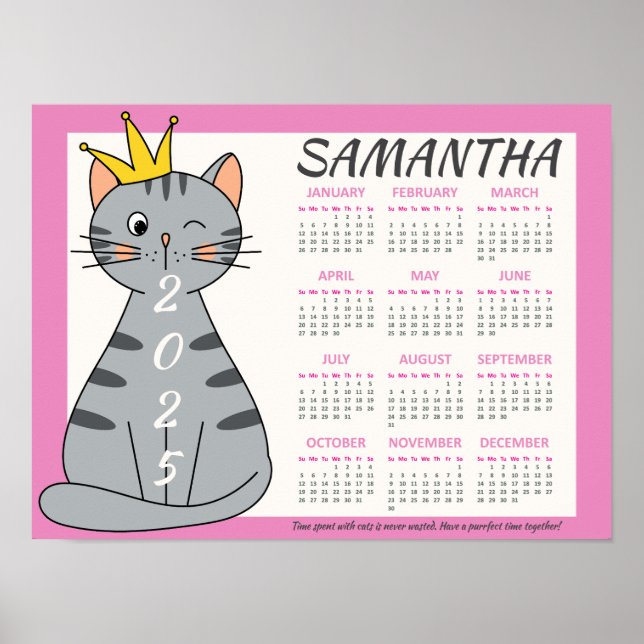 Poster Calendário Mensal de 2025 Rosa Fofo Nome Gatinho D (Frente)