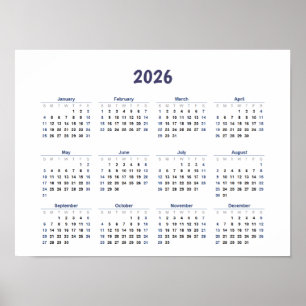 Poster Calendário Mensal de Parede do Ano 2026 Todos os D