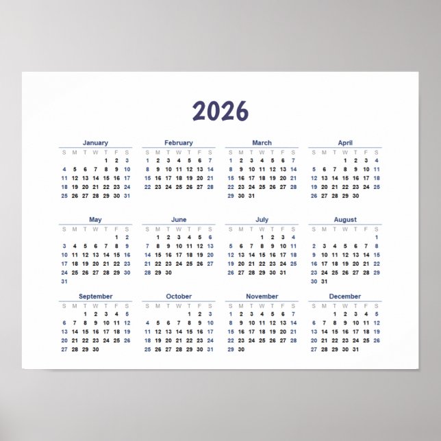 Poster Calendário Mensal de Parede do Ano 2026 Todos os D (Frente)