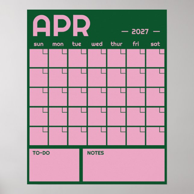 Poster Calendário Mensal de Parede Grande sem Data em Cor (Frente)