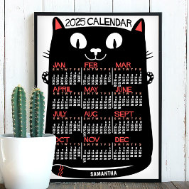 Poster Calendário Mensal do Ano 2025 Gato Preto de Meados