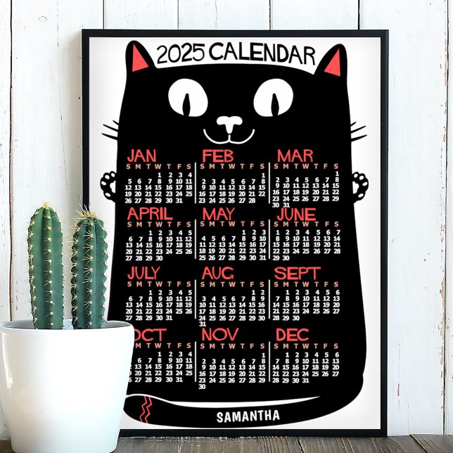 Poster Calendário Mensal do Ano 2025 Gato Preto Meados do (Criador carregado)