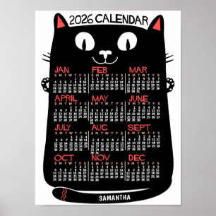 Poster Calendário Mensal do Ano 2026 Gato Preto de Meados